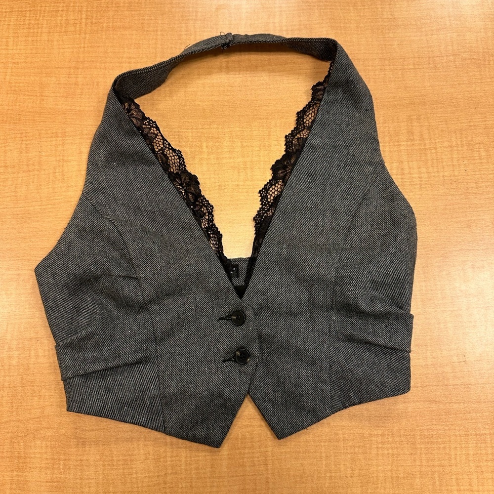 Gray Vest with Black Lace Detail